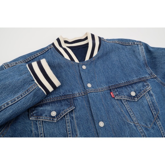 Levis Big‎ E Men's XL Reversible Bomber Denim Quilted Varsity Jacket Blue